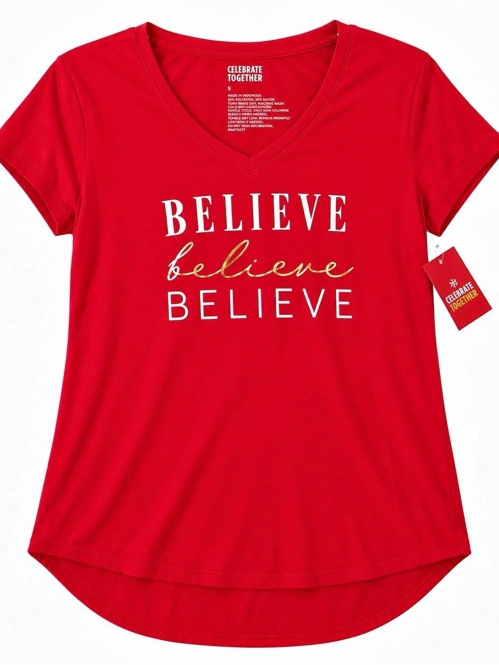 Celebrate Together Women's Celebrate Together Red Believe Holiday Tee T-Shirt